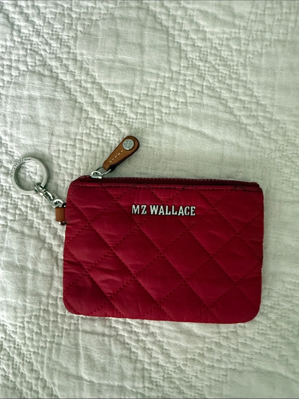 Mz Wallace Flat Metro Key Pouch Quilted Zip Card Case in Red Silver Accents
